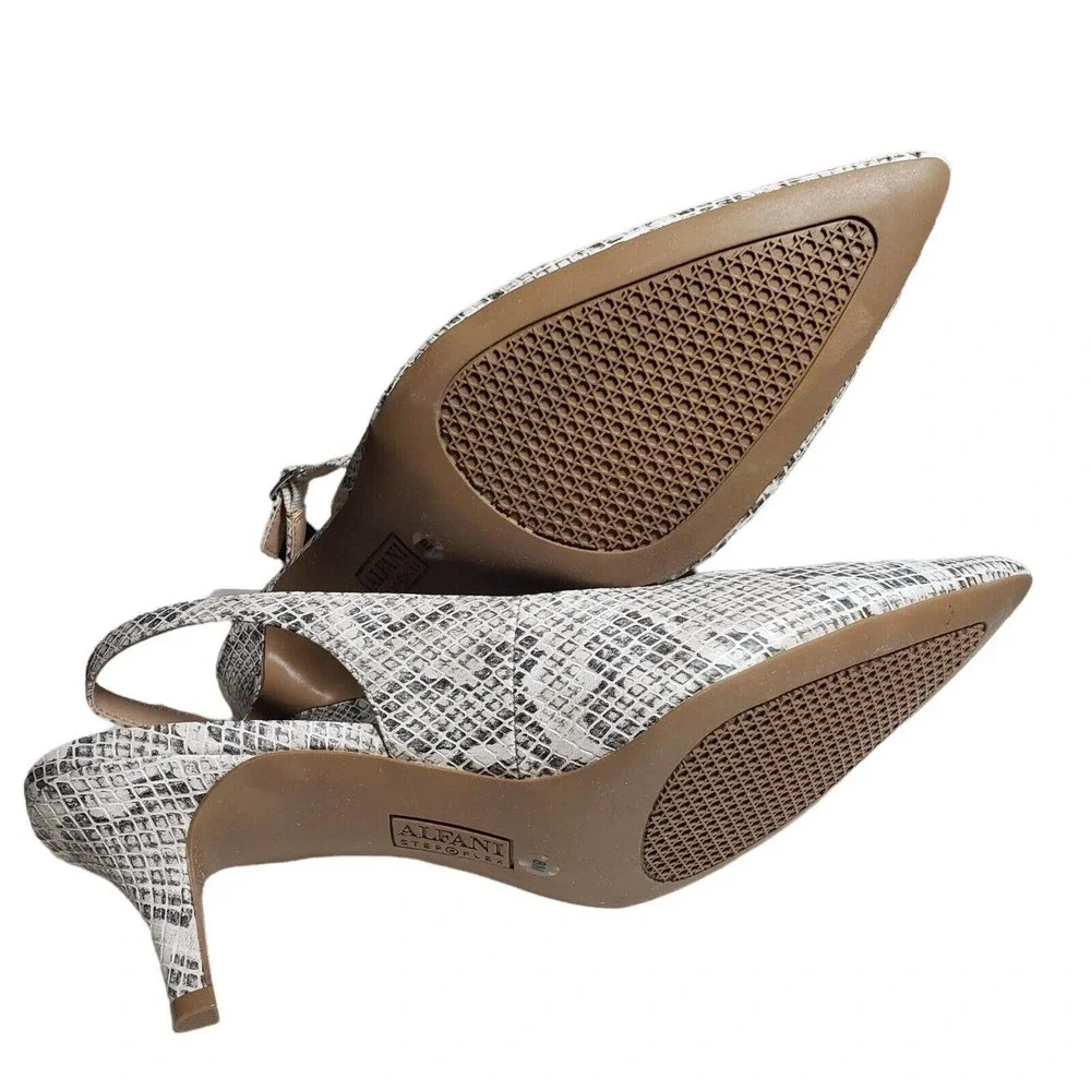 Alfani Womens Babbsy Taupe Snake Print Pointed Toe Slingback Buckle Heels Sz 9 M